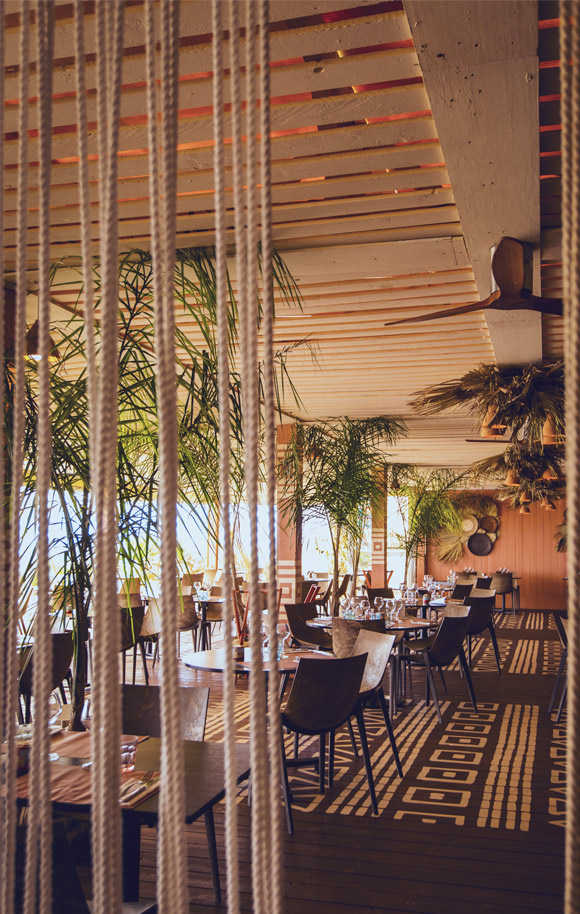 Carre Mer restaurant styled with woven lighting and natural materials