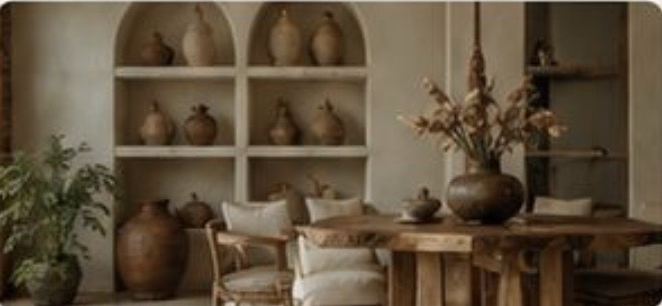 Interior design scene with natural materials and artisan decor