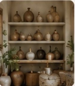 Handmade decor displayed on shelves in the showroom