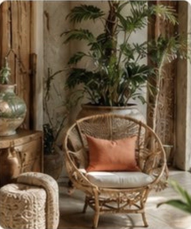 Rattan chair and tropical plants in the IN'SENS showroom